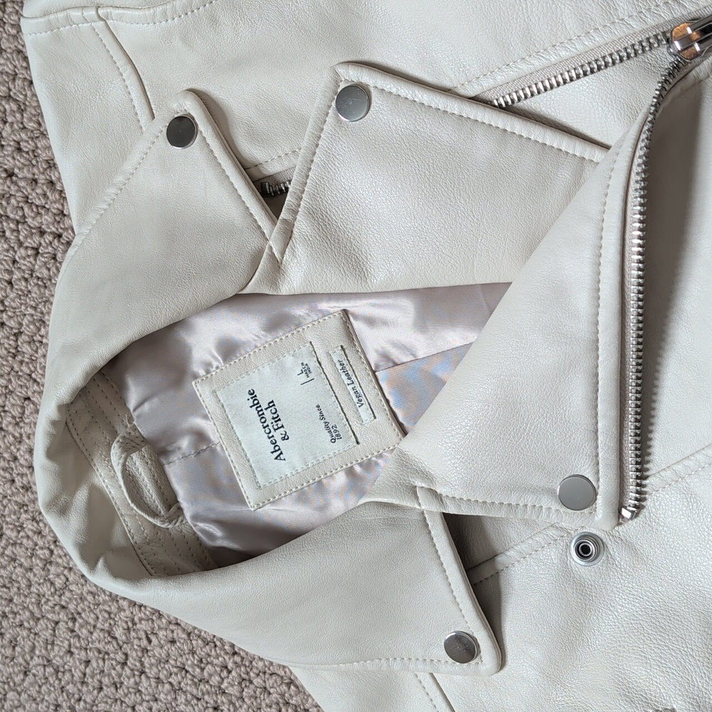 ABERCROMBIE & FITCH Women's L Jacket Cream White Vegan Leather Moto Biker - Picture 4 of 11
